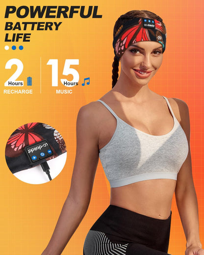 Sleep Headphones Headband Bluetooth 5.4, Sports Headband Earphones Wireless with Speaker Microphone USB C for Women Sleeping Gift Workout Jogging Yoga Insomnia Travel Meditation, Butterfly