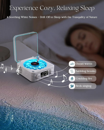 Waves Vinyl Bluetooth Speaker, Vinyl Record Player Style Speaker with Ocean Sound White Noise, Retro Bluetooth Speaker with Ambient Light and Timer, Mini Record Player Cute Speaker, White