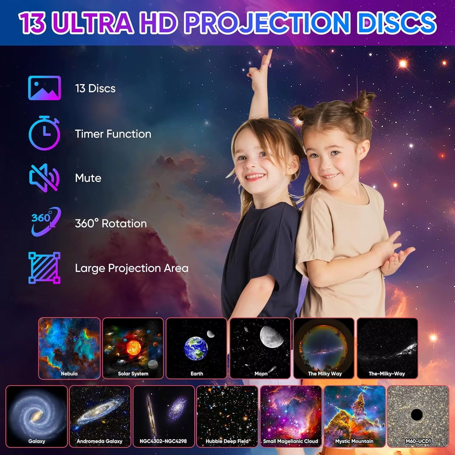 13 in 1 Galaxy Ultral Star Projector HD Image Area LED Night Light, 13 Film Discs,360° Rotate 1/2H Timer for Kids&Adults Bedroom