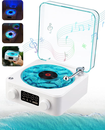 Waves Vinyl Bluetooth Speaker, Vinyl Record Player Style Speaker with Ocean Sound White Noise, Retro Bluetooth Speaker with Ambient Light and Timer, Mini Record Player Cute Speaker, White